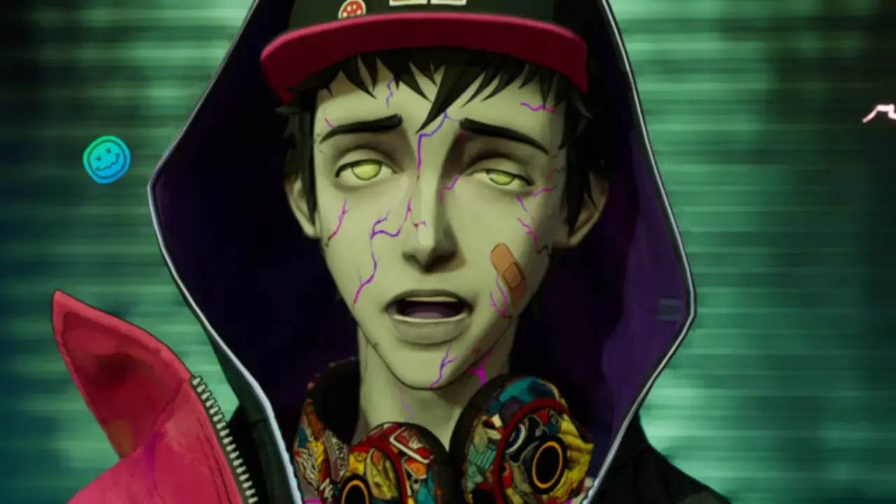 Stupid Never Dies portrait of zombie Davy in a hooded jacket