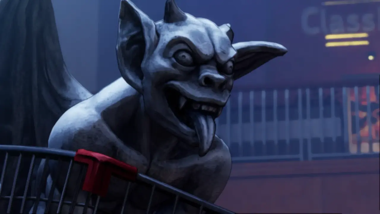 Stupid Never Dies portrait of the gargoyle Goyle in a shopping cart