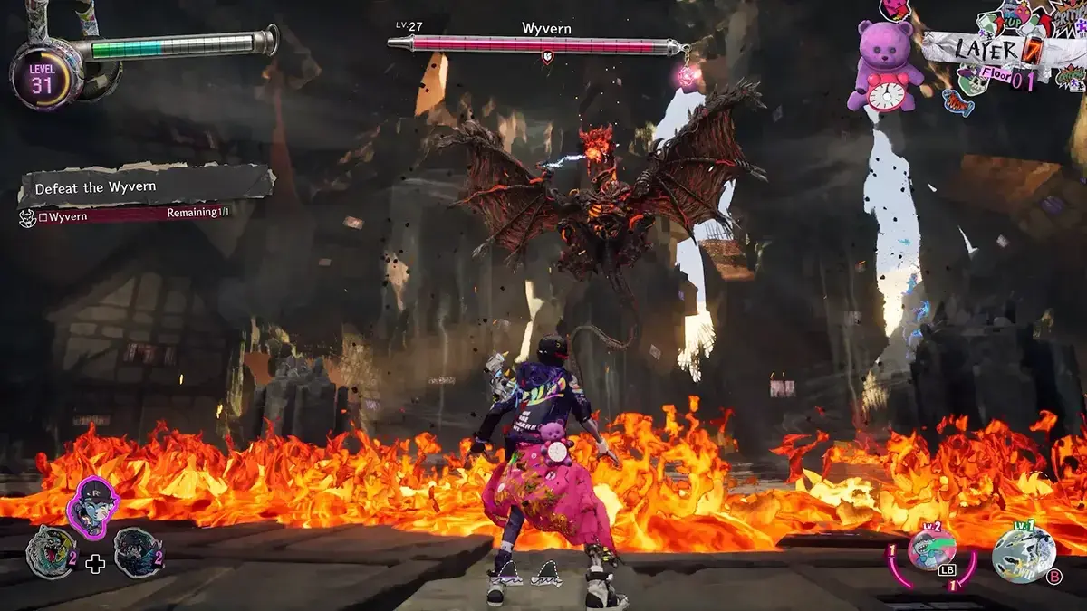 Davy facing an airborne Wyvern above a ring of fire, with the Wyvern boss health bar visible