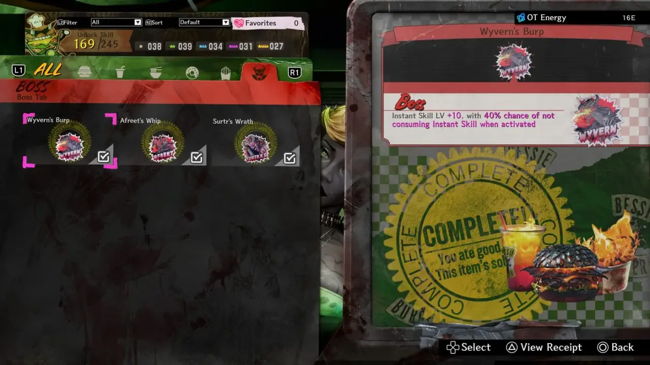 Bessie Burger's Boss tab with a completed Wyvern's Burp recipe and OT Energy balance