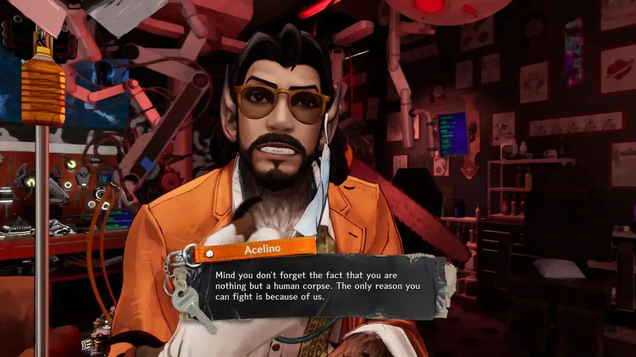 Acelino in his orange jacket inside the equipment workshop