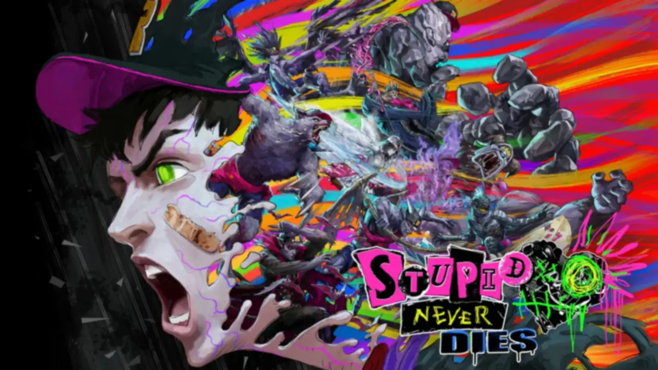 Stupid Never Dies key art with Davy and the graffiti-style game logo