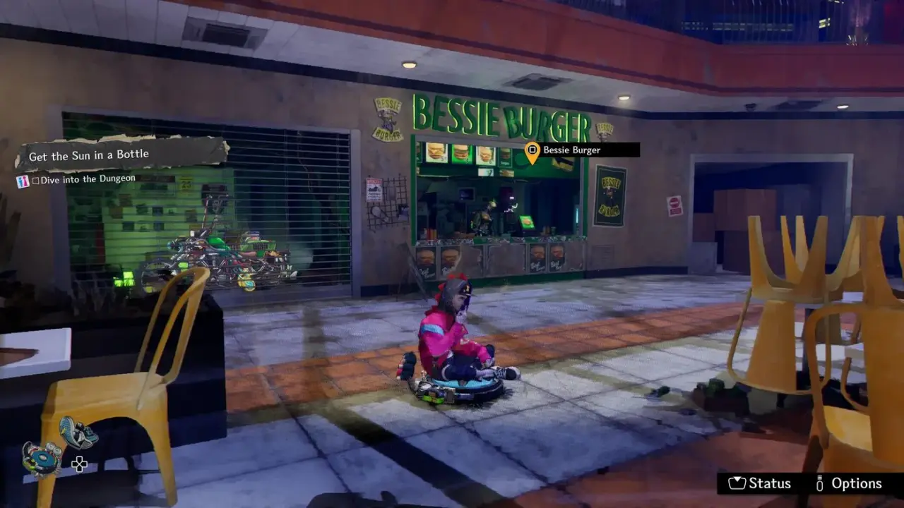 Davy outside Bessie Burger in the mall, with its green shop sign and interaction prompt visible