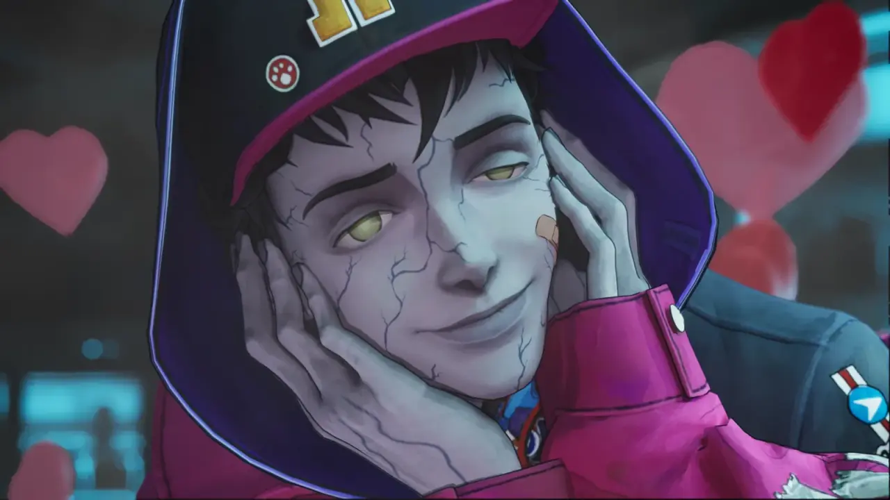 Davy resting his face in his hands with hearts around him