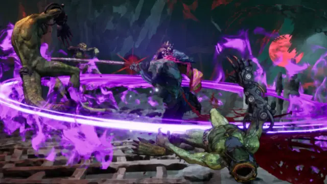 Stupid Never Dies purple sweeping attack through reptile enemies