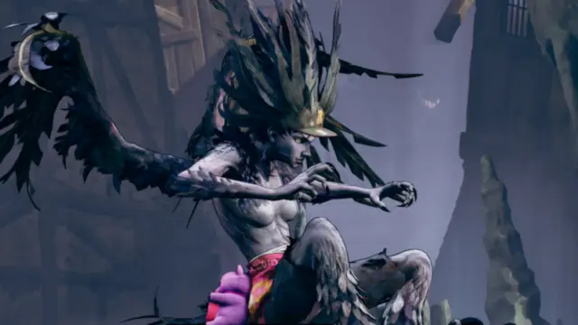 Stupid Never Dies Harpy Style landing with dark feathered wings