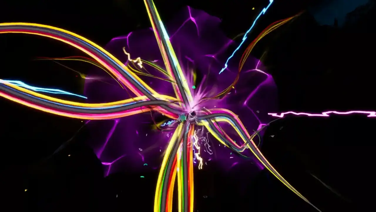 Multicolored energy trails converging around Davy during Davy Burst