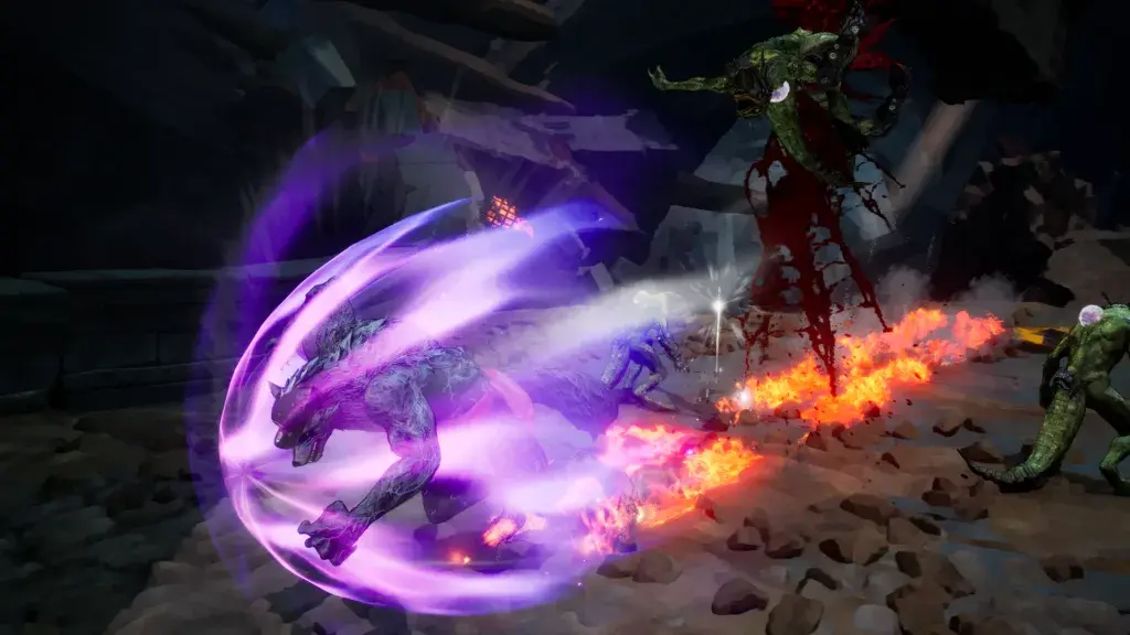 Werewolf-form Davy performing a forward-moving attack near enemies