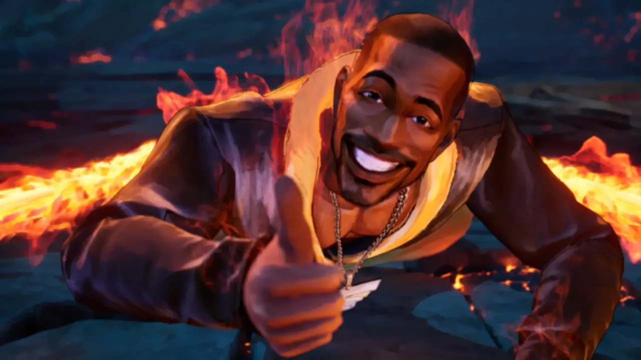Stupid Never Dies portrait of Zaza giving a thumbs up among flames