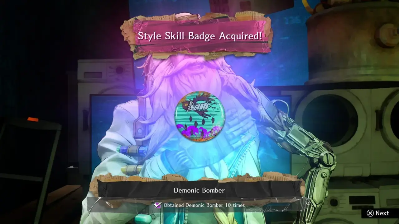 Frank awarding the Demonic Bomber Style Skill Badge for obtaining the skill ten times