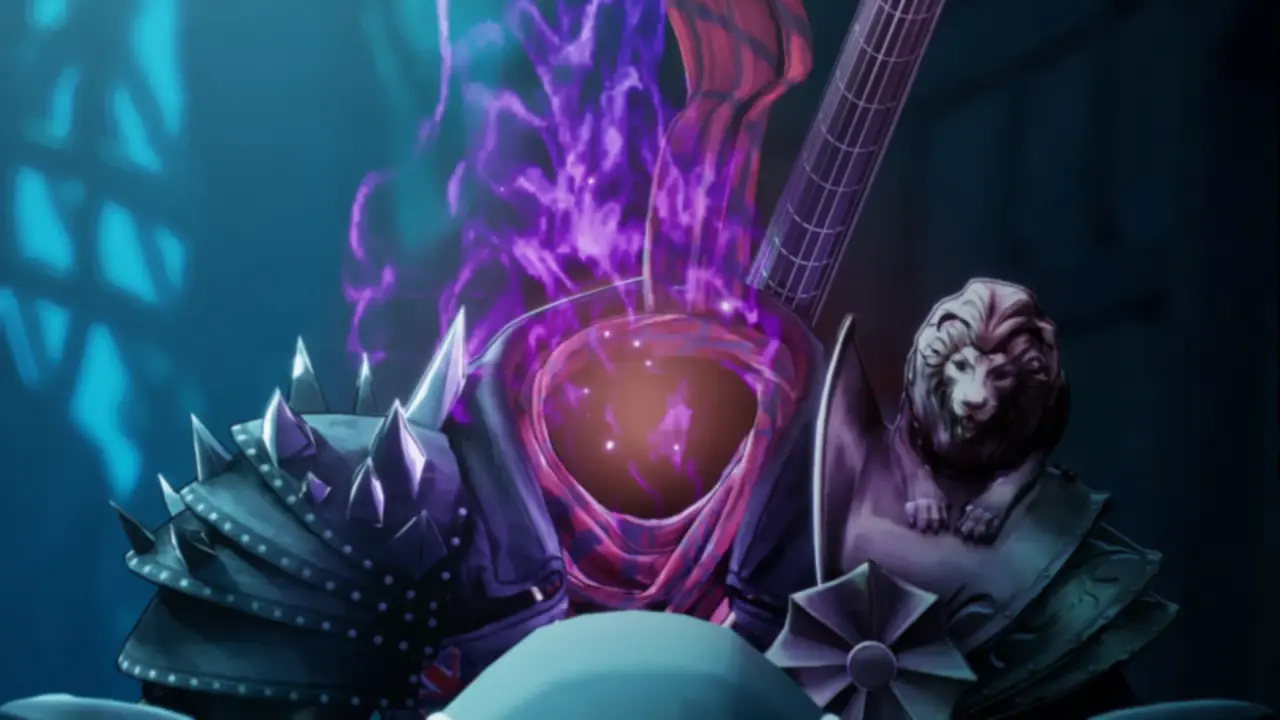 Stupid Never Dies close-up of the boss Bob Dullahan with a glowing guitar