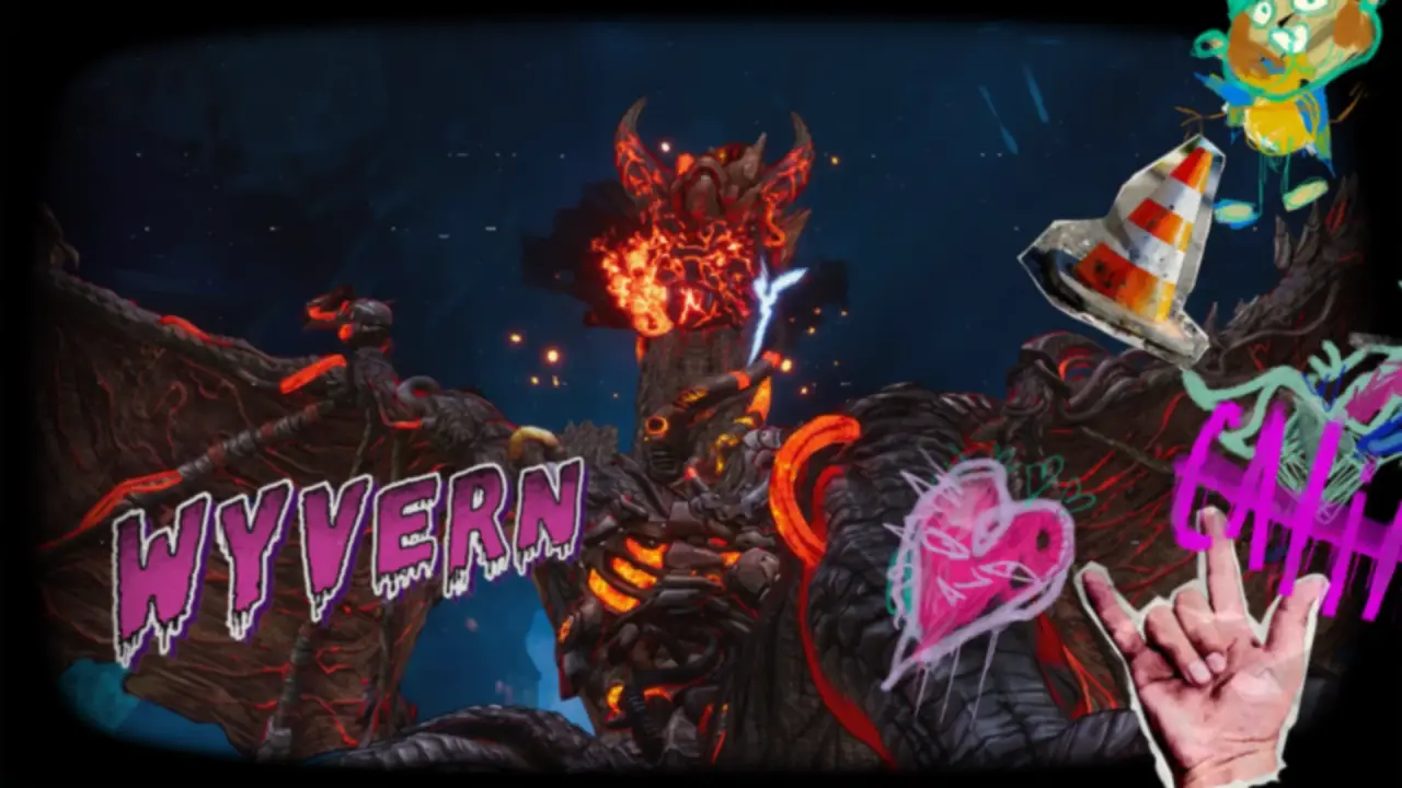 Stupid Never Dies Wyvern boss introduction art with graffiti lettering