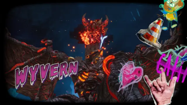 Stupid Never Dies Wyvern boss introduction art with graffiti lettering
