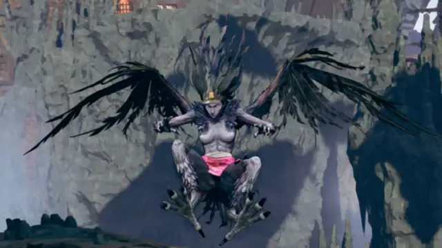 Stupid Never Dies Harpy Style hovering with spread wings