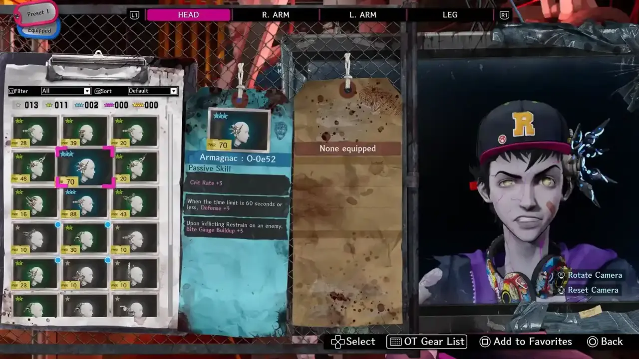 Body Hack equipment menu showing head gear and its listed skill effects