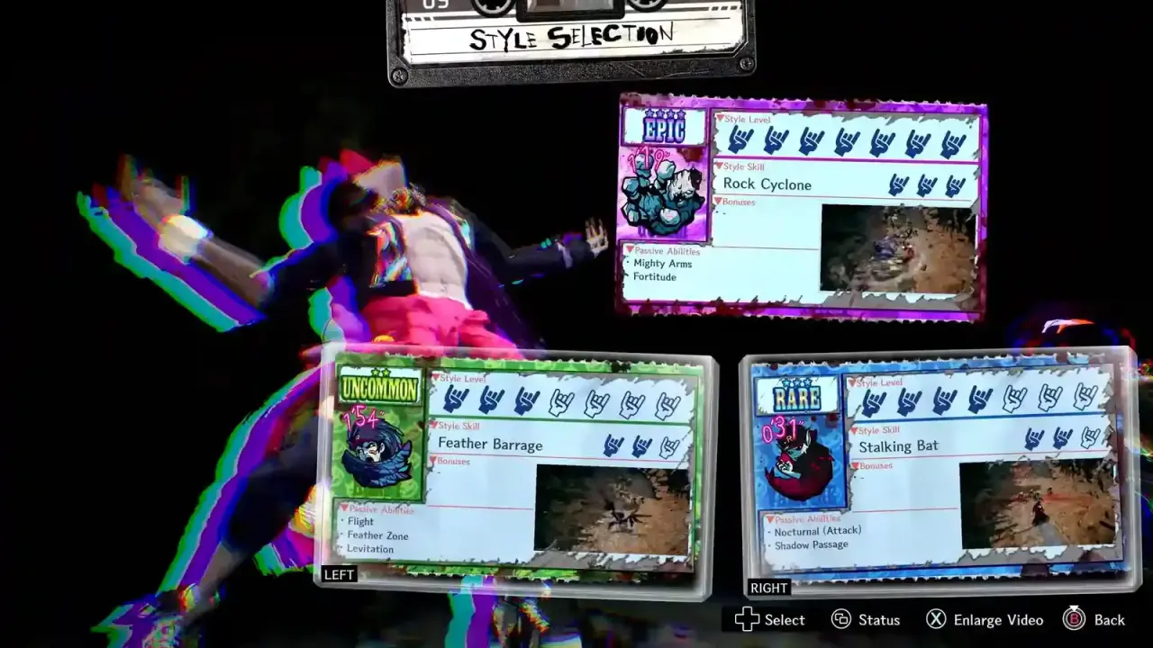 Style selection menu with the acquired monster cards and their duration icons