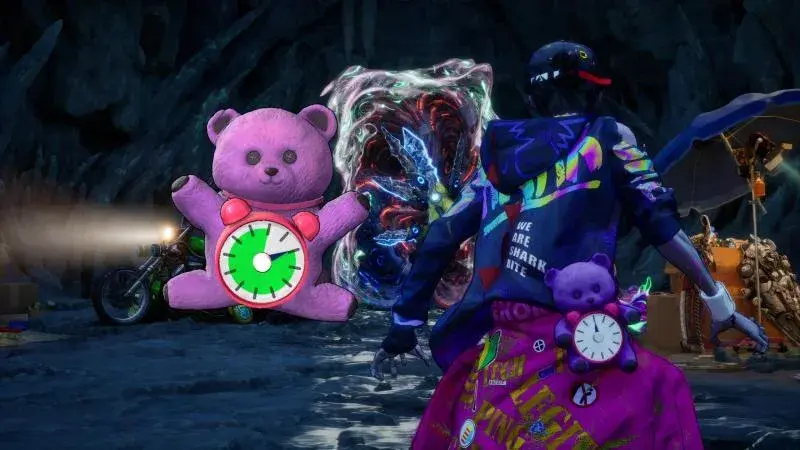 Ticktock Teddy’s green clock beside Davy near a dungeon portal