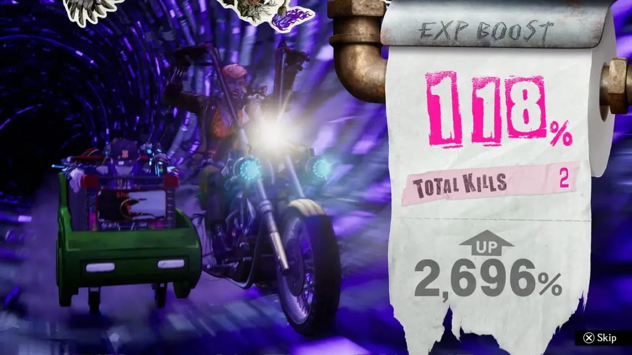 Return sequence with Bessie’s motorcycle beside the EXP Boost and Total Kills result