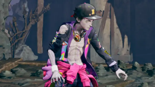Stupid Never Dies zombie Davy crouching beside a pink teddy timer